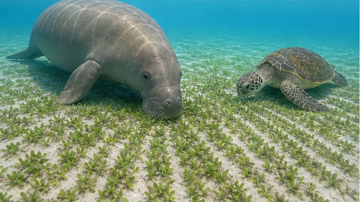 A dugong and a green sea turtle feeding on seagrass in a tropical meadow
