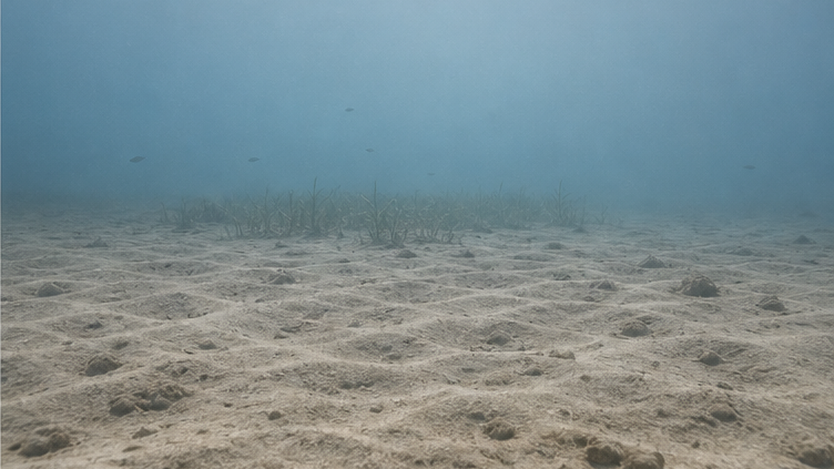 A seabed reduced to bare sand after the loss of an eelgrass meadow, with a little eelgrass remaining in the distance