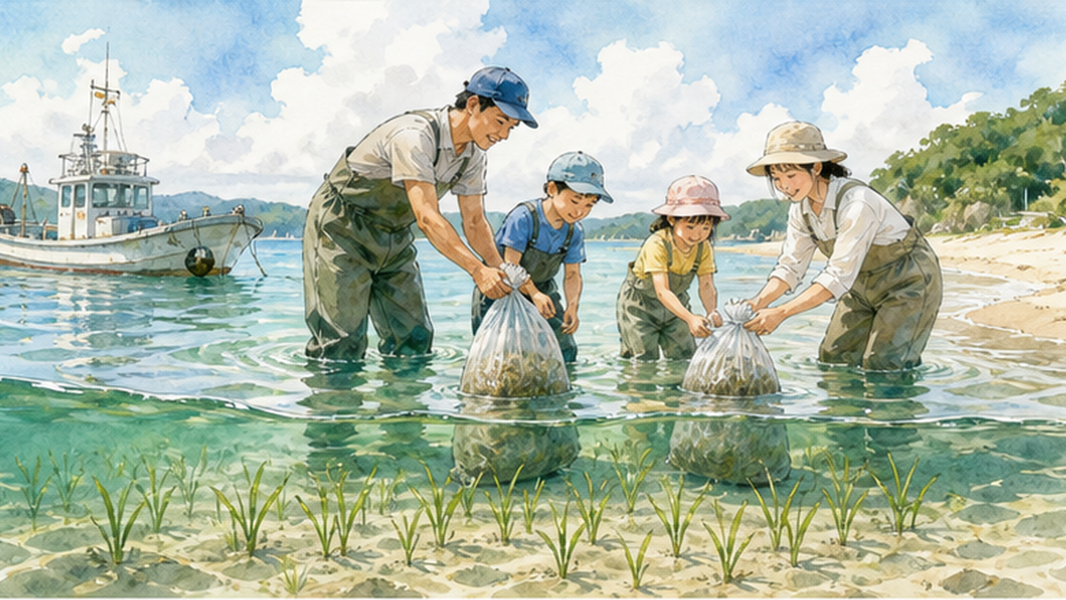 People taking part in eelgrass seed sowing, with young eelgrass beginning to grow