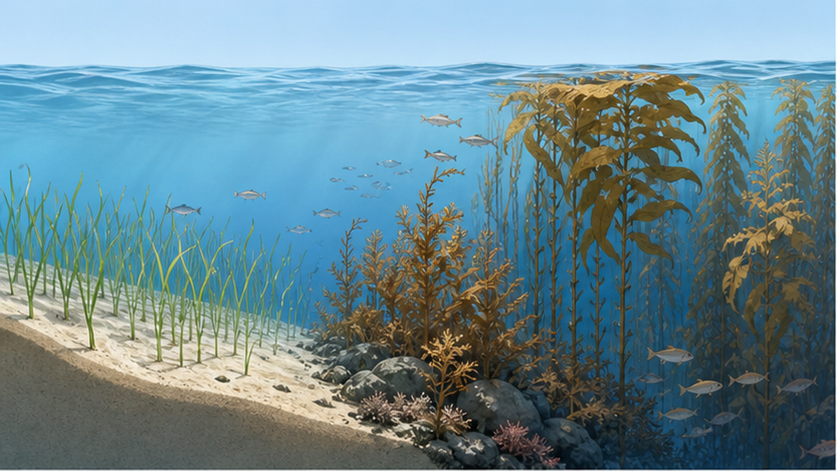 アマモ場・ガラモ場・カジメ場など藻場の種類を海底の地形とともに描いた図解