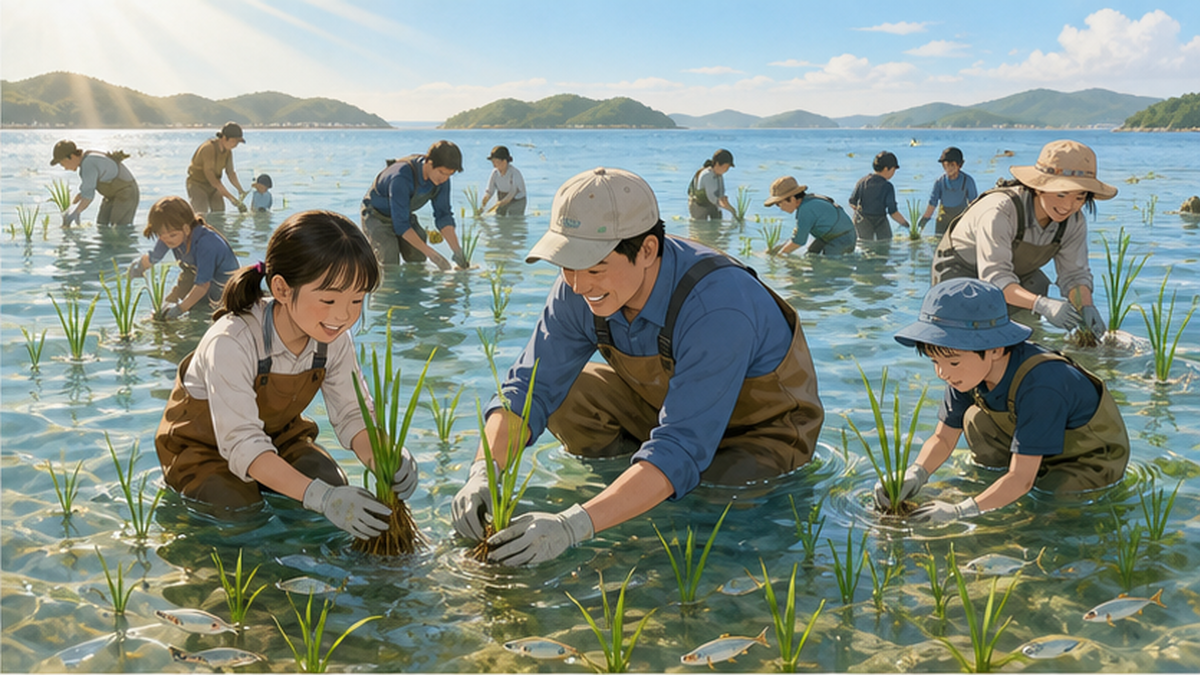 浅瀬で市民や子どもたちがアマモの苗を手に持ち、協力して海底に植えている参加型再生活動のイメージ