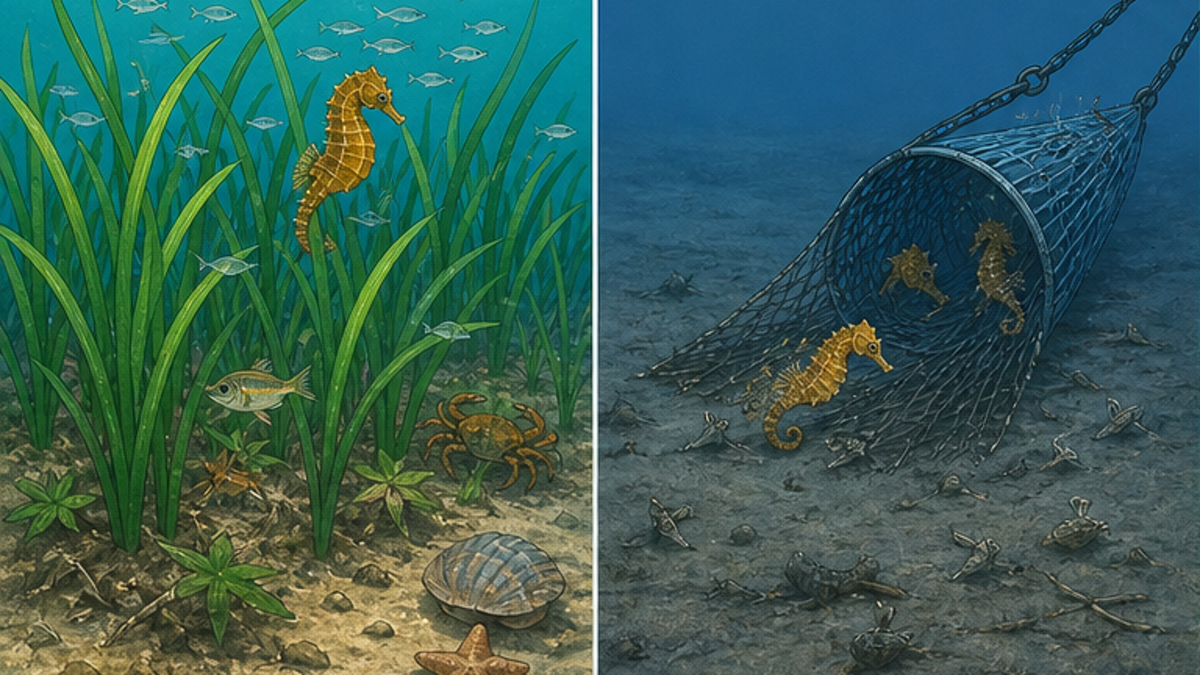 藻場の消失と混獲というタツノオトシゴへの脅威を示す図解