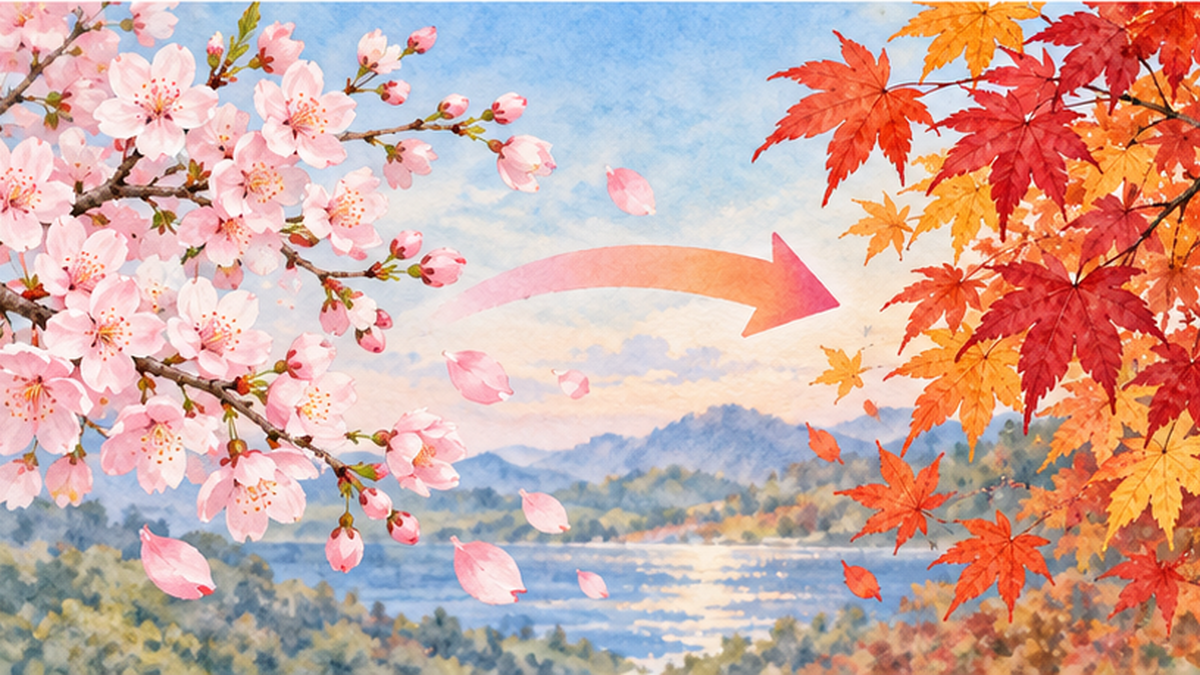 春は早く、秋は遅くなる季節の変化を、桜とカエデで対比した図