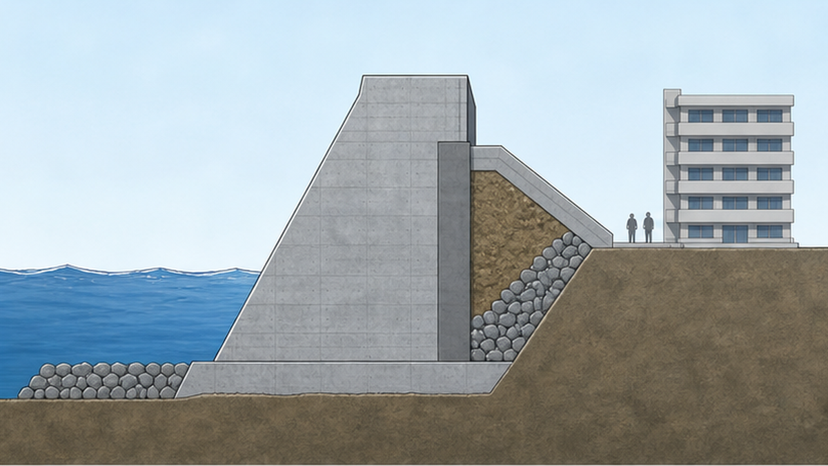Diagram showing the cross-section and scale of a giant seawall compared with people and buildings