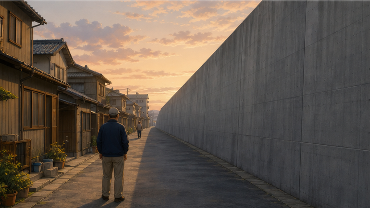Coastal village landscape visually severed from the sea by a high seawall