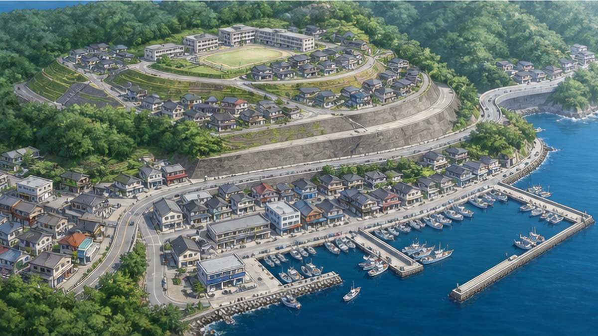 Bird's-eye view of Onagawa-style reconstruction, with hilltop housing and a seaside commerce and fishing zone dividing roles