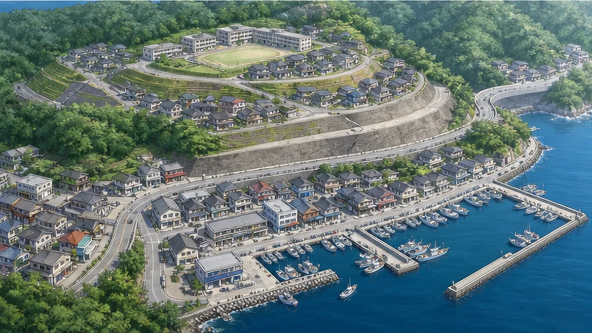 高台の住宅地と海辺の商業・漁業エリアが役割分担する女川型の復興まちづくりを俯瞰した図解風の風景