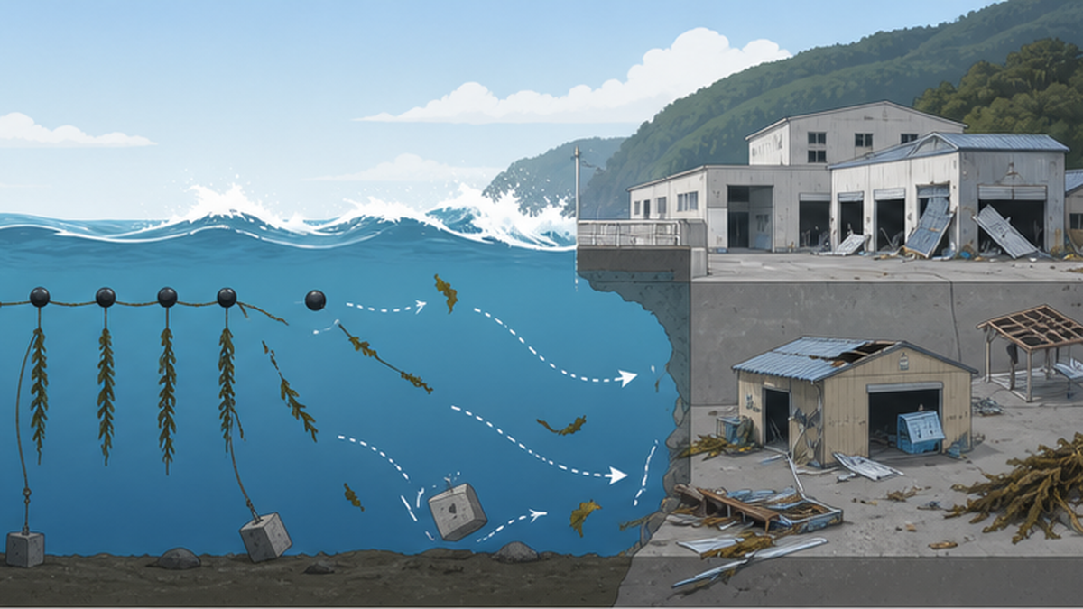 津波で失われた養殖施設の模式図。海面のロープ・浮き玉・アンカーと陸の加工場が同時に被害を受けたことを示す