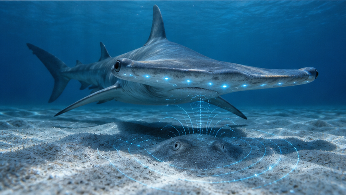 シュモクザメが平たい頭で砂地をスキャンして獲物を探す様子