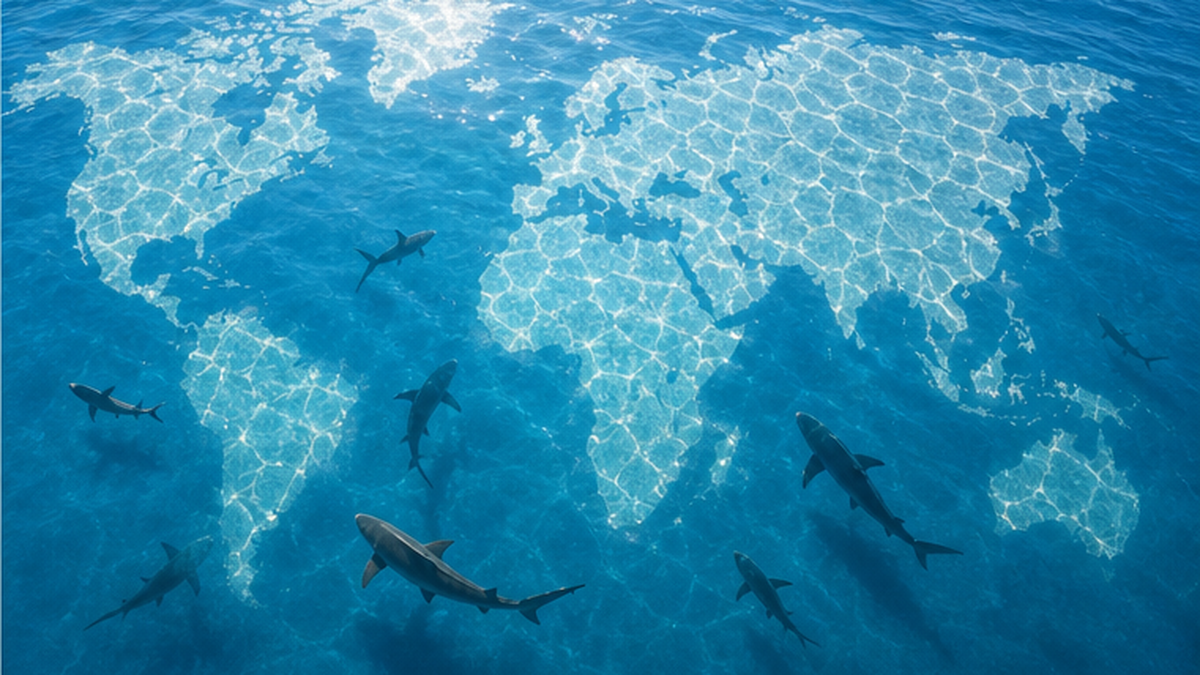 国際協力による海洋保全を象徴する、海を泳ぐサメの群れの俯瞰イメージ