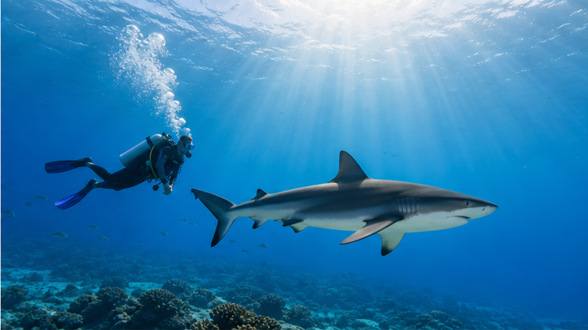 ダイバーとサメが共に泳ぐ明るい海