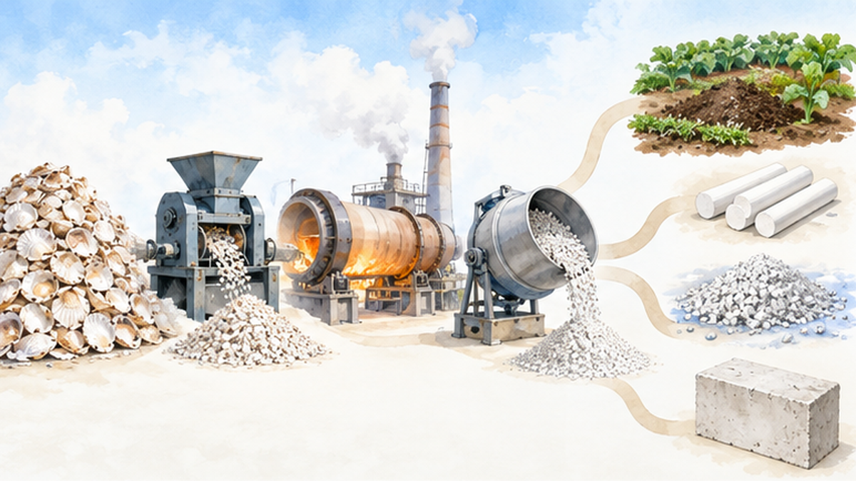 Diagram showing scallop shells being crushed, fired and processed into multiple uses