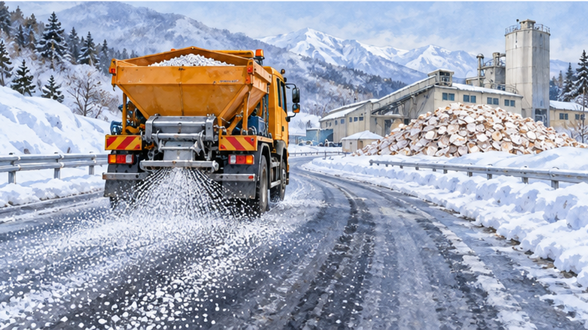 Shell-derived snow-melting agent being spread on a snowy road