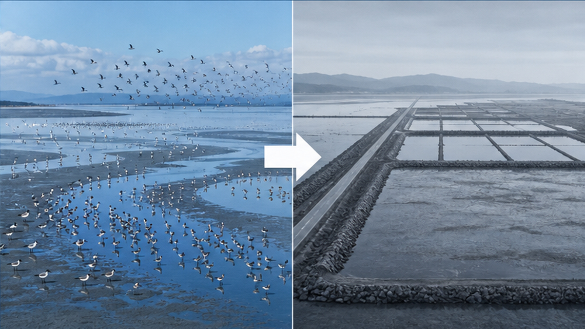 埋め立てが進む黄海沿岸の干潟と、そこに集まる渡り鳥の群れを対比した図解