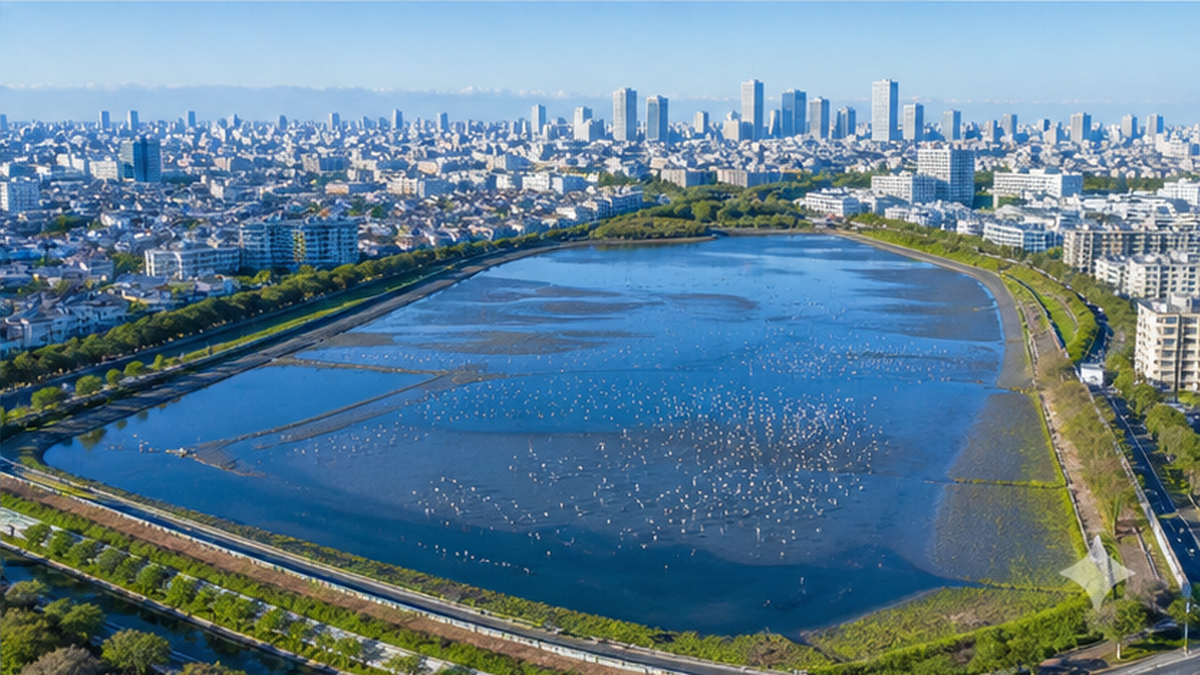 都市に隣接して残る干潟に多数の渡り鳥が集まる俯瞰風景