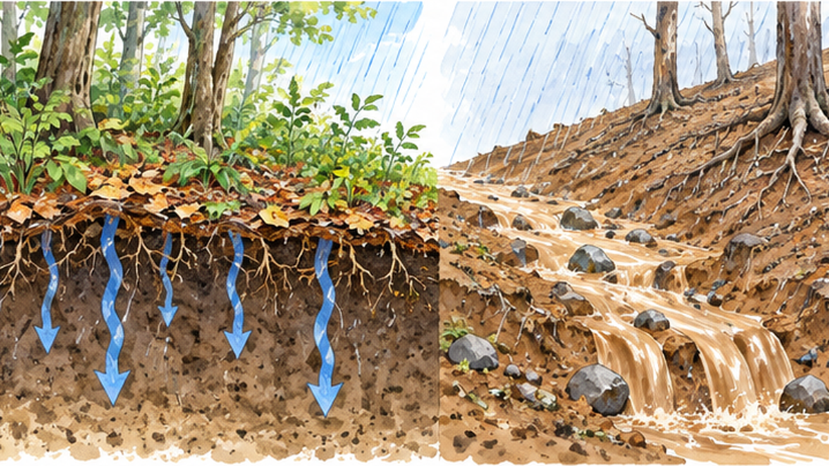 下草のある斜面と下草のない斜面で、雨水の流れ方が違うことを比べた断面イメージ