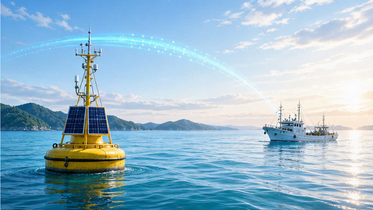 洋上に浮かぶICTブイが海水温や潮流データを衛星経由で送信するイメージ