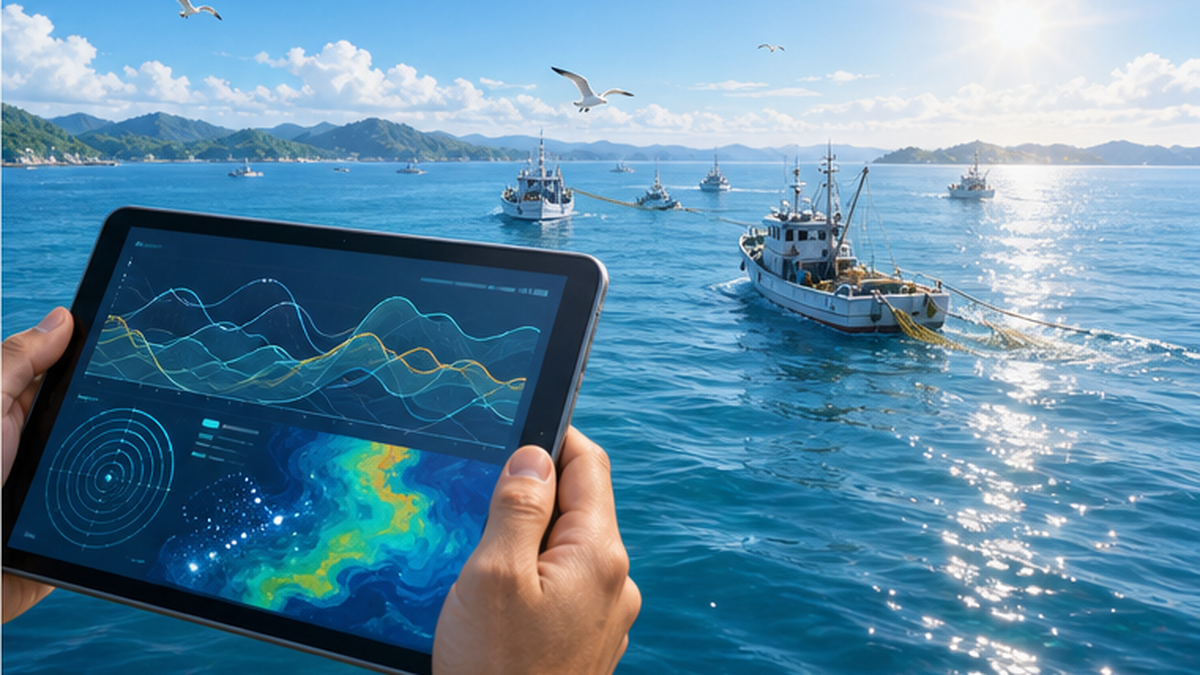 海洋データを分析する画面と、その先に広がる豊かな海と漁船のイメージ