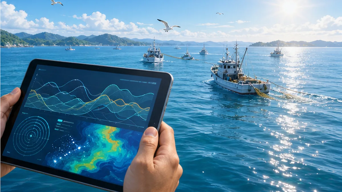 海洋データを分析する画面と、その先に広がる豊かな海と漁船のイメージ