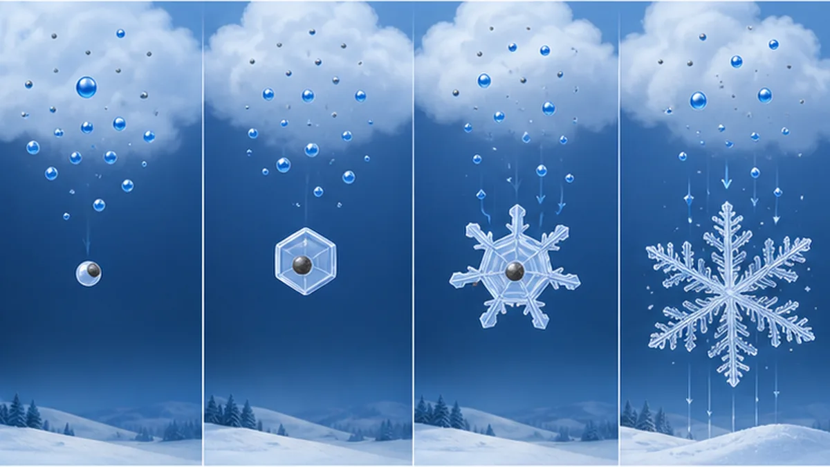 雲の中で氷晶核から雪の結晶が生まれ、落下しながら成長していく過程を示した模式図