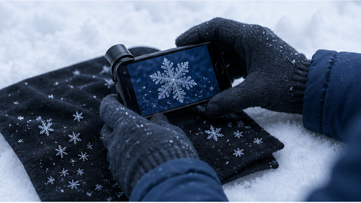 手首を地面につけて固定し、マクロレンズ付きのスマホを雪の結晶に数センチまで近づけて撮影する手元