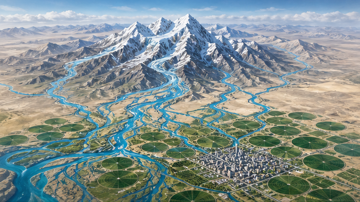 世界の山岳氷河・雪原から流れ出す水が乾燥地の農地と都市を支える構図を示すイラスト地図