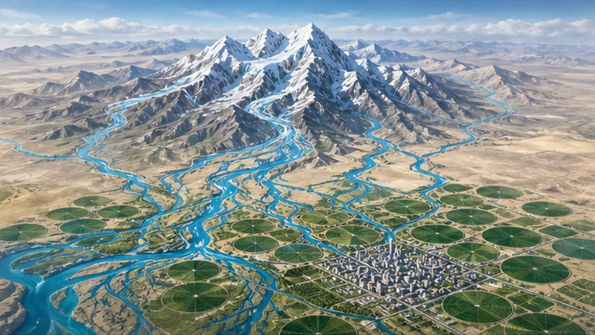 世界の山岳氷河・雪原から流れ出す水が乾燥地の農地と都市を支える構図を示すイラスト地図