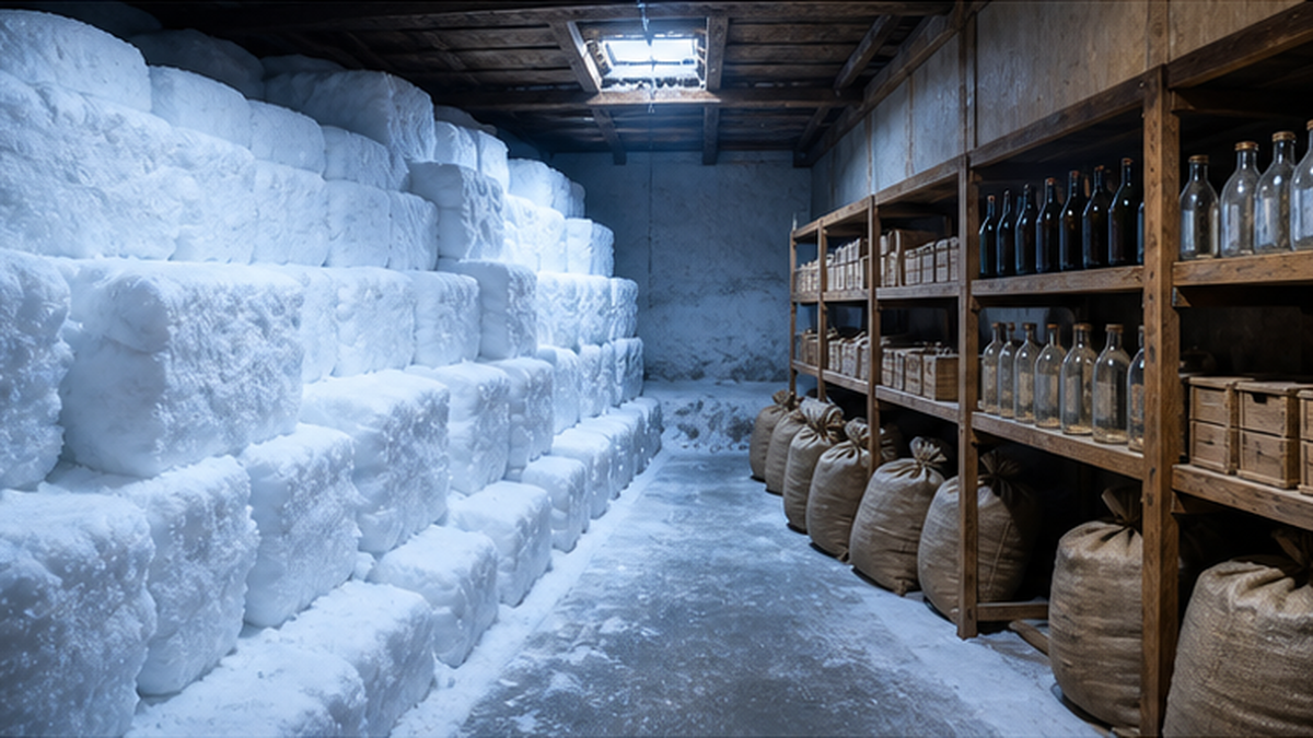 雪室の内部で、貯蔵された大量の雪の脇に日本酒の瓶や米袋が整然と並べられている様子