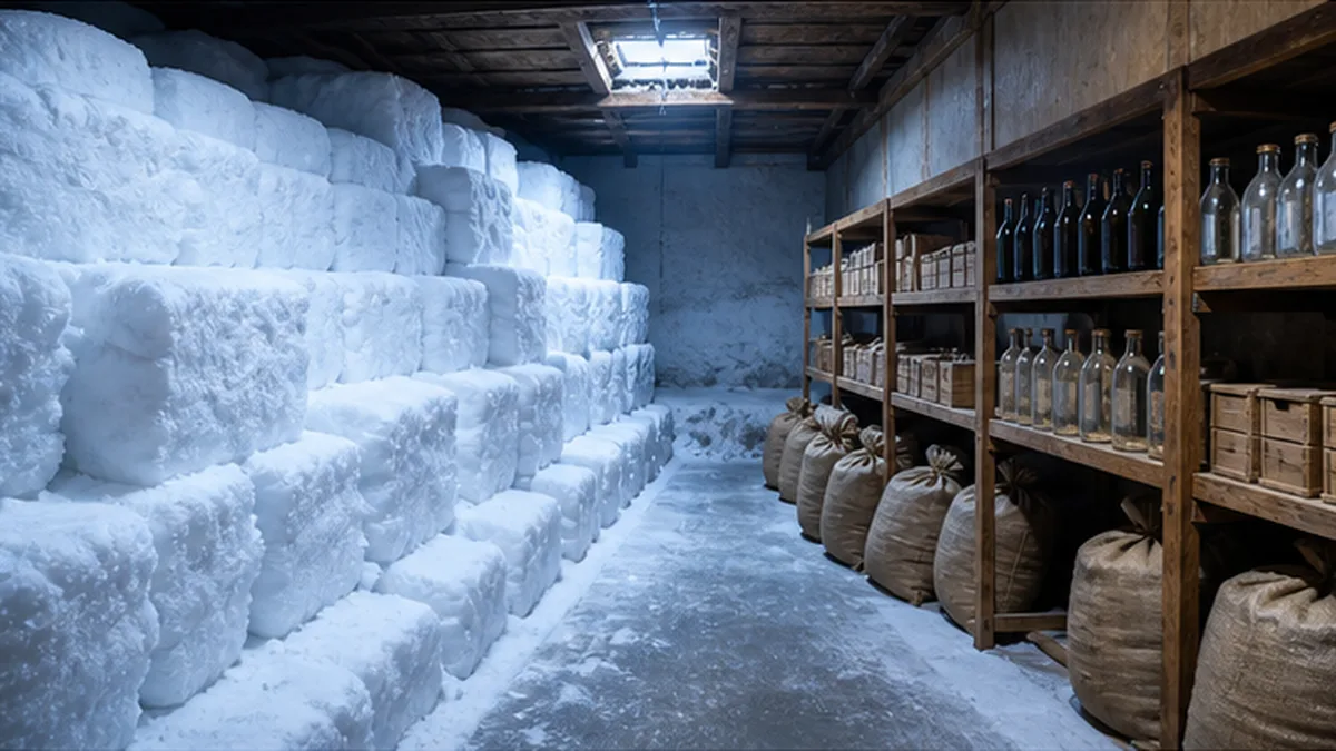 雪室の内部で、貯蔵された大量の雪の脇に日本酒の瓶や米袋が整然と並べられている様子