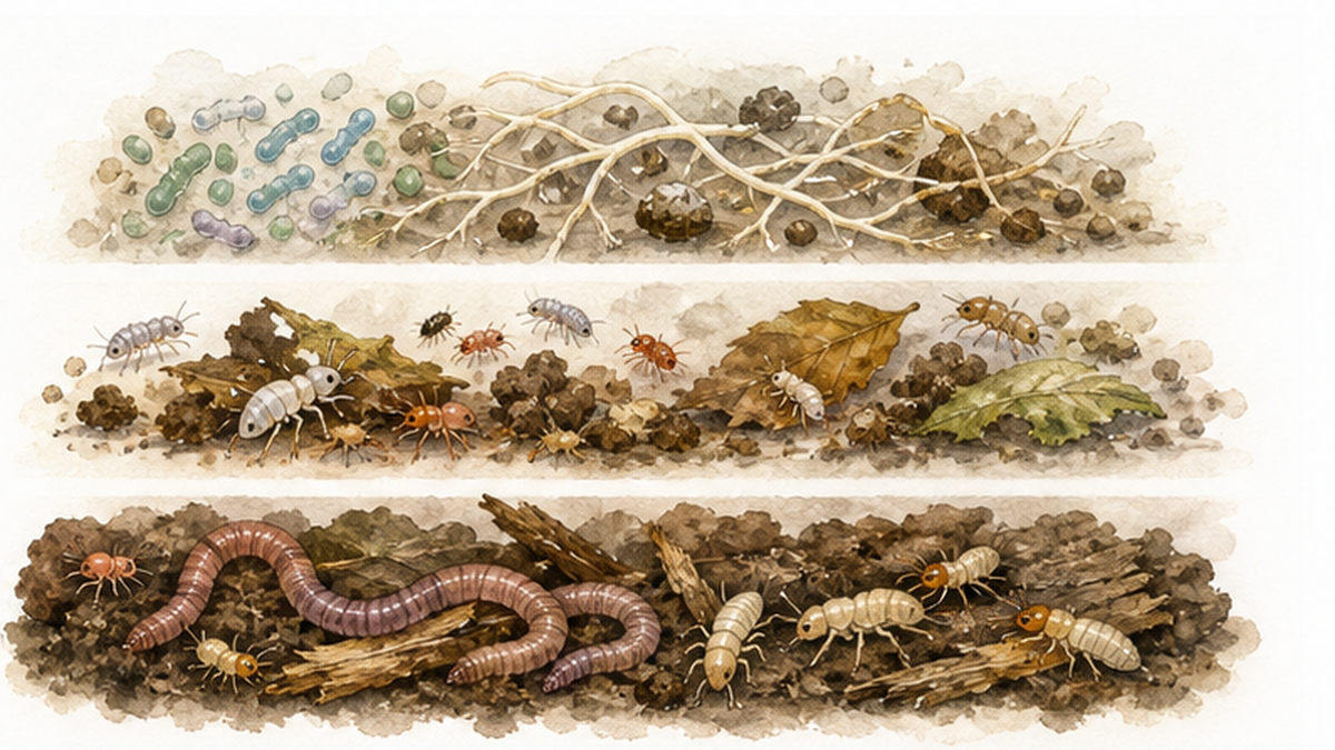 按体型大小对土壤生物进行分类的示意图,展示微生物、中型土壤动物、大型土壤动物在土壤中各自的活动情形