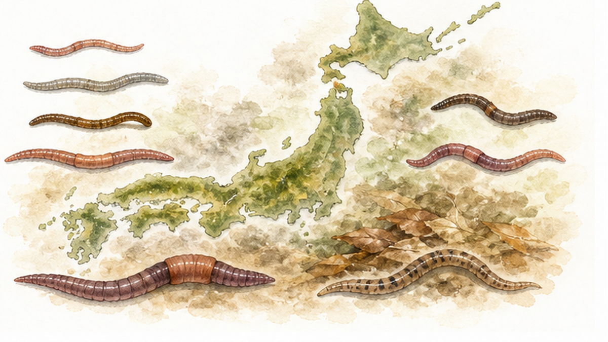 描绘日本各地土壤中栖息的多种正蚓科蚯蚓的插图