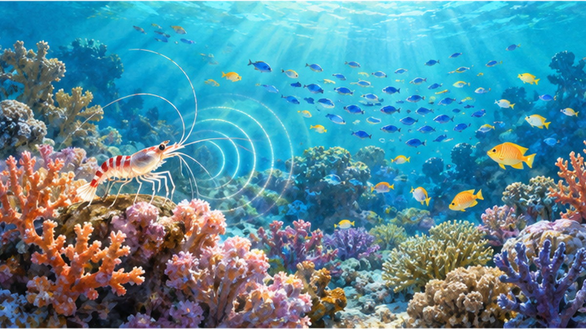 サンゴ礁の海中で魚やエビの立てる音が波紋のように広がる様子のイラスト