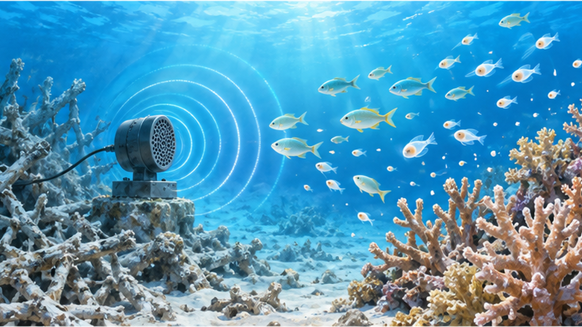 劣化したサンゴ礁に設置された水中スピーカーから音が広がり魚が集まってくる様子