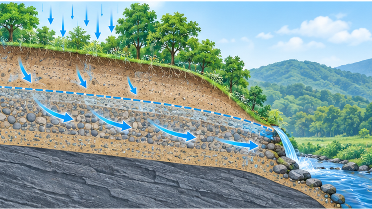 帯水層と不圧地下水面、湧水が地表に現れる仕組みを示す地質断面の模式図
