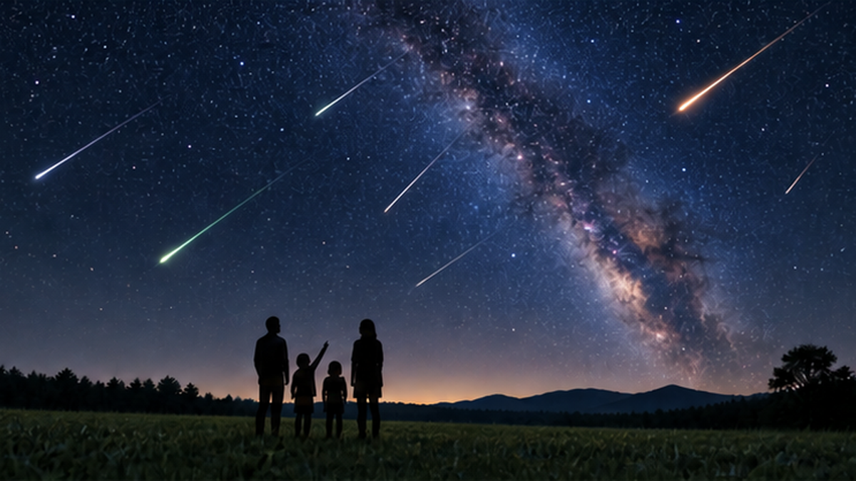 夜空を流れる複数の流星と観察する人々のシルエット