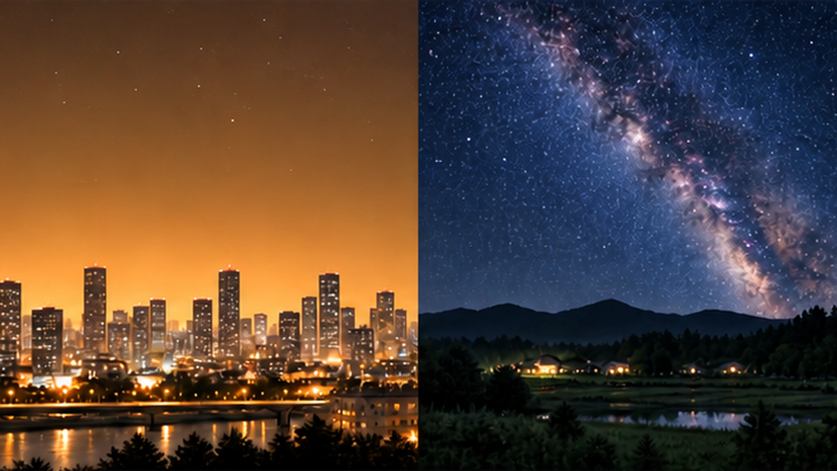 都市の明るい夜景と、郊外の暗い空に広がる天の川の対比