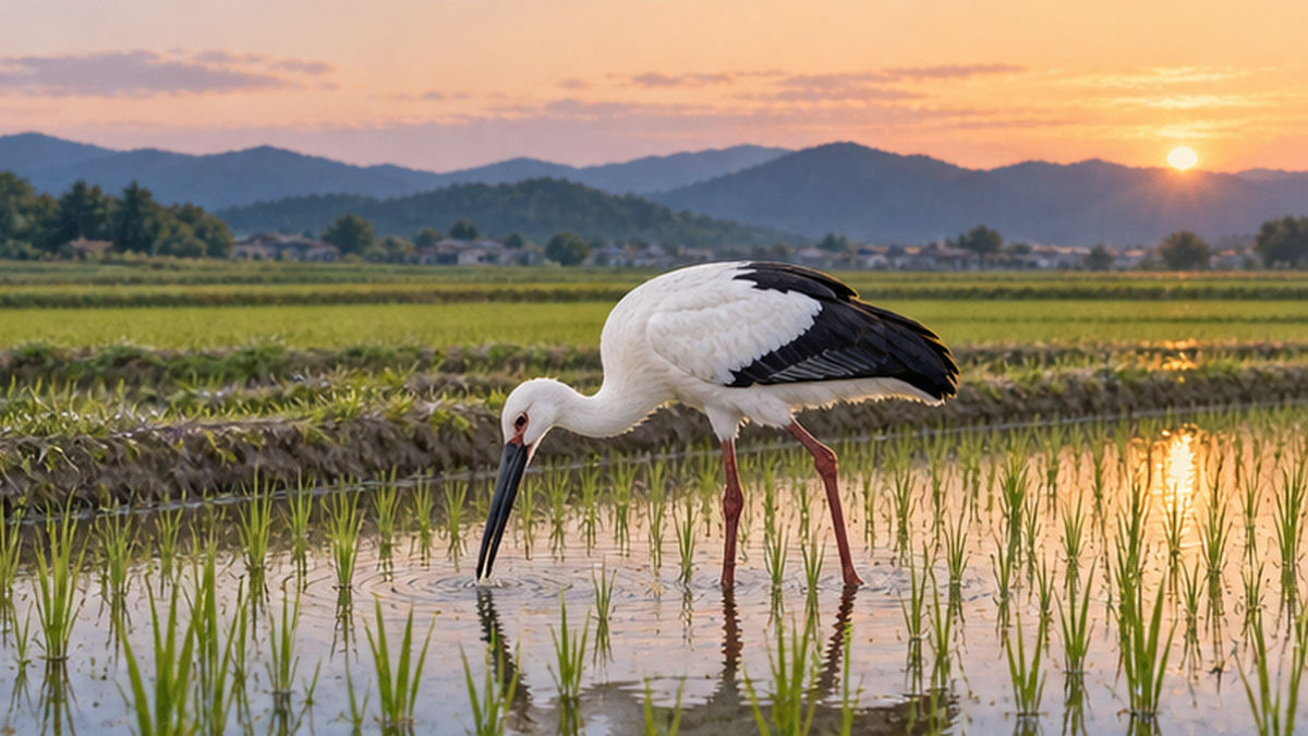 水田でドジョウを探すコウノトリ