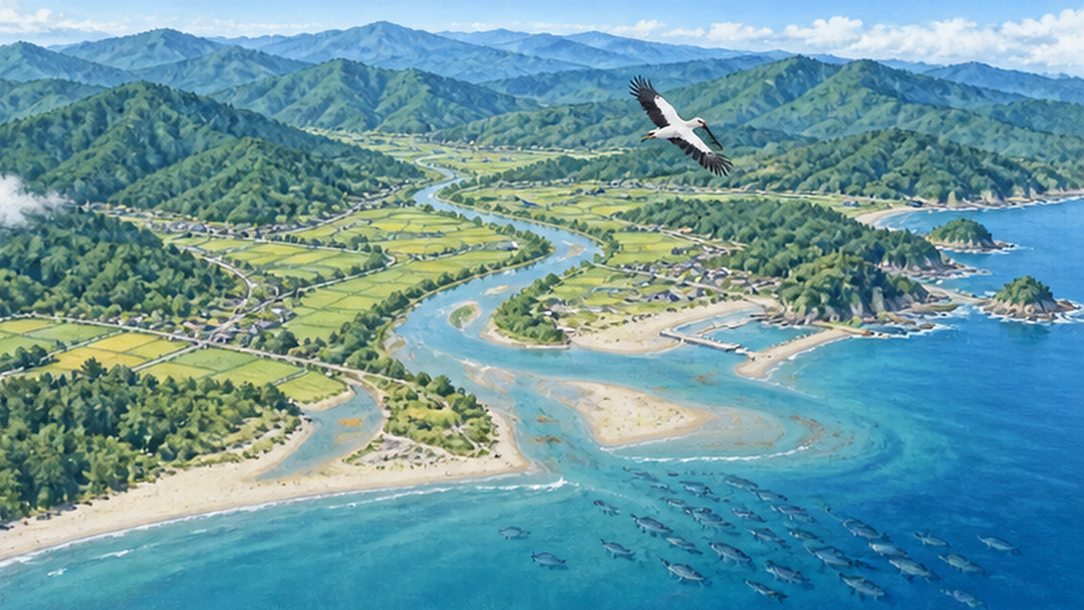 山、水田、川、海へと続く流域の俯瞰図