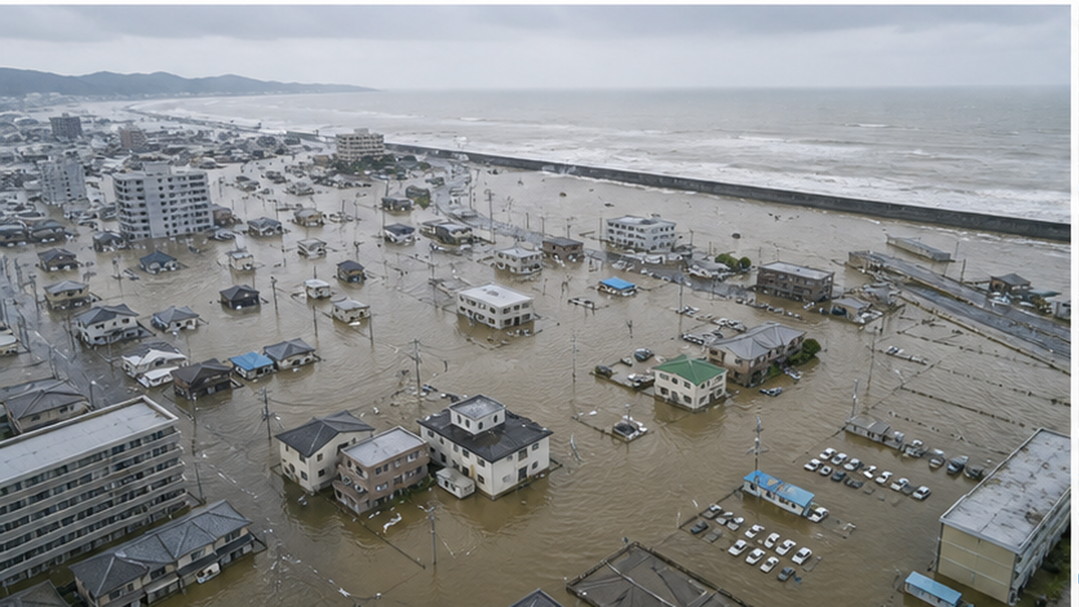 台風による高潮で浸水した沿岸の低地と孤立した街のイメージ