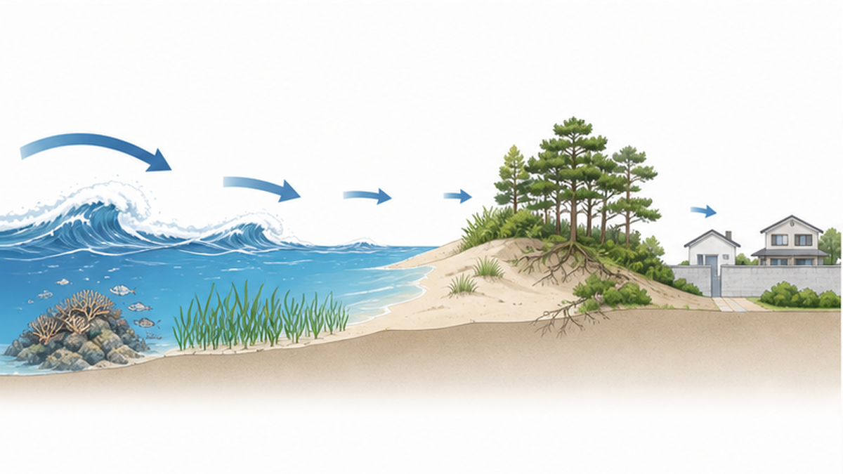 海岸林・砂丘・サンゴ礁・干潟が高潮を和らげる多層的な減災の図