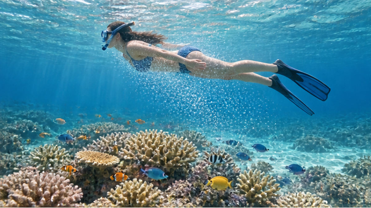 サンゴ礁の海で泳ぐ人の肌から日焼け止めの成分が水中へ溶け出すイメージ図