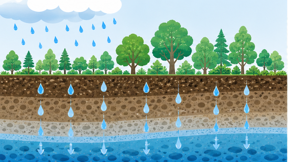 豊かな森の土に雨水がしみ込み地下水として蓄えられる涵養の仕組みを断面で示した図解