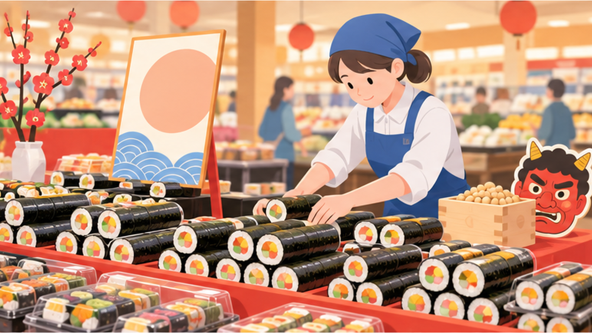 恵方巻きが並ぶスーパーの売り場のイメージ