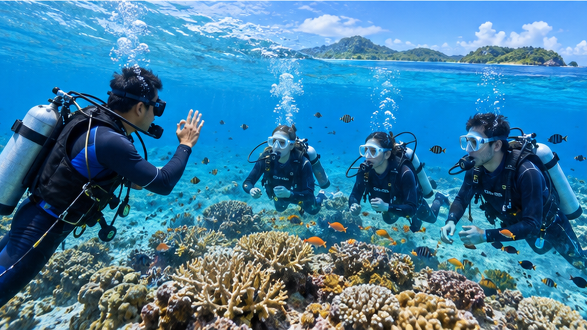 慶良間諸島の透明度の高い海でダイビングガイドの説明を聞くグループの写実的な風景