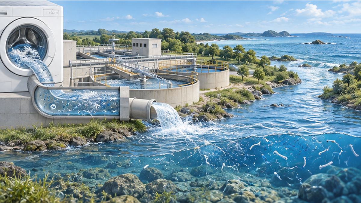 洗濯機から排水、下水処理場、川を経て海へ細かい繊維が流れる経路図