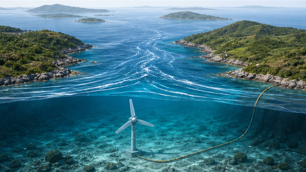 五島列島の奈留島と久賀島の間の奈留瀬戸に潮流発電機が設置されている位置関係のイメージ図