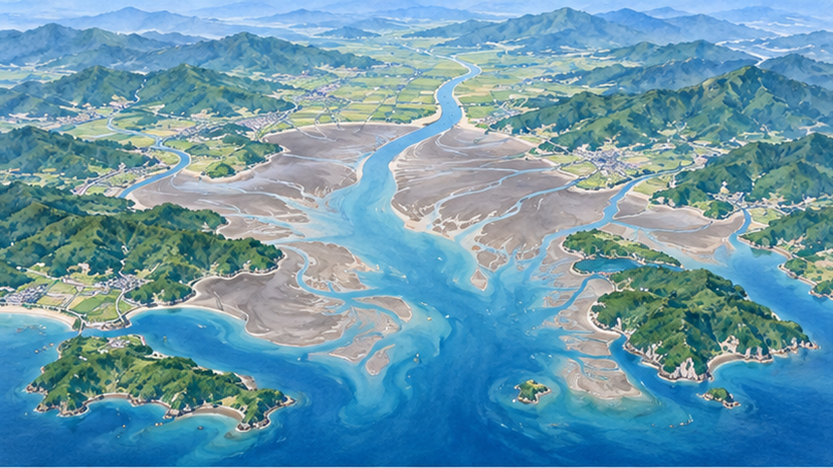 Aerial diagram of Ariake Sea tidal flats and the inflow of the Chikugo River