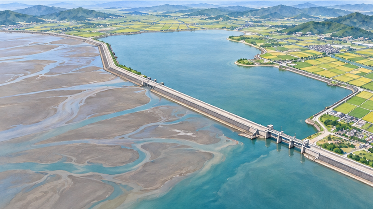 Diagram of the Isahaya Bay tidal embankment, reservoir and reclaimed farmland