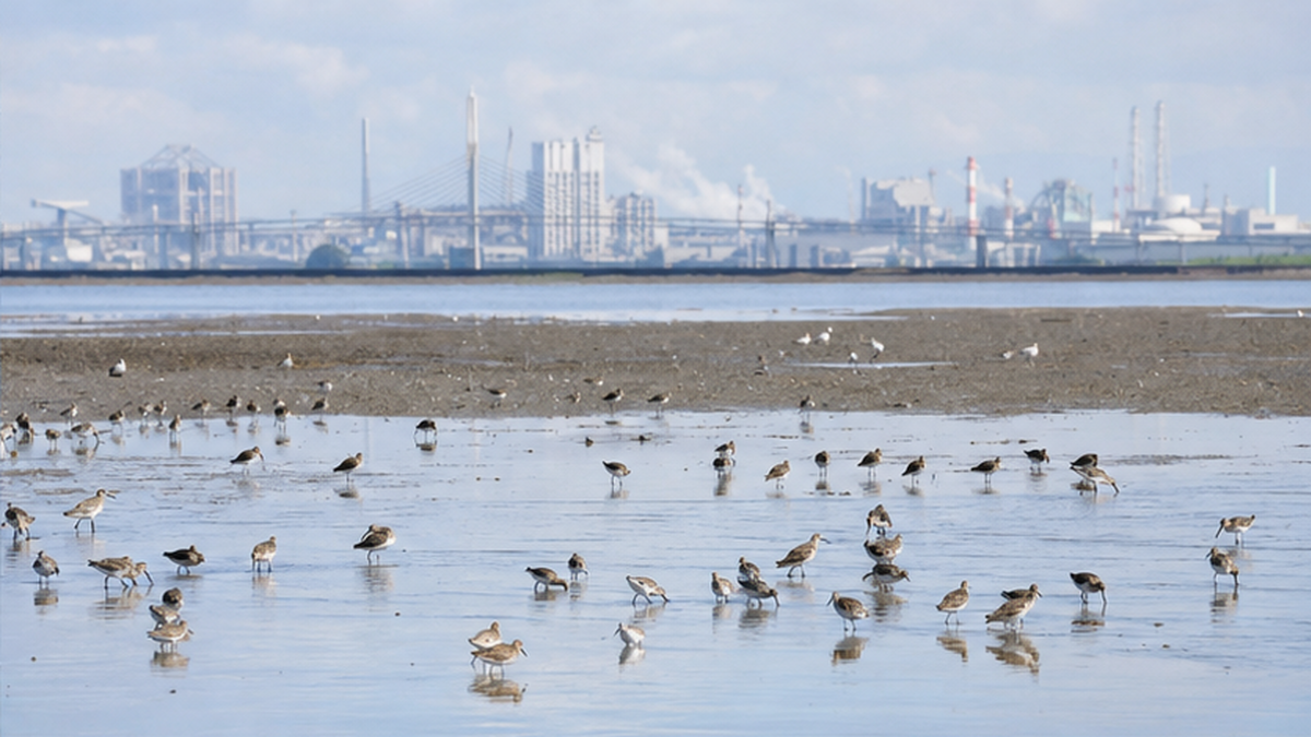 守られた藤前干潟に集まる渡り鳥と、背後に広がる名古屋港の街並み