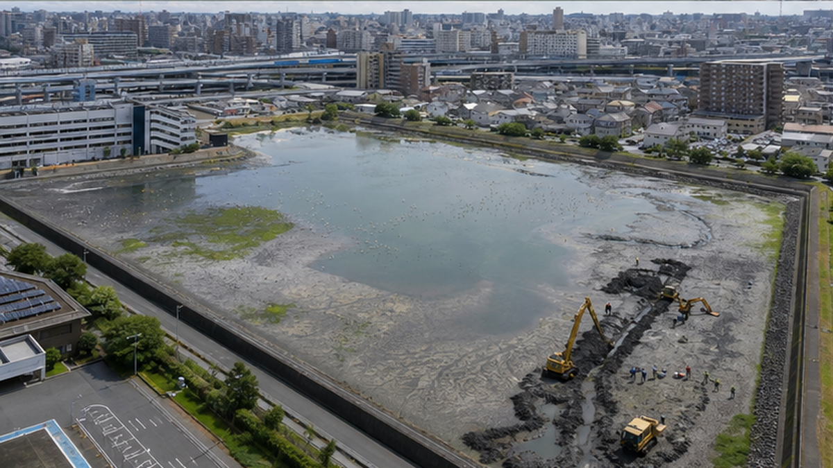 市街地に囲まれた谷津干潟で行われるかさ上げなどの再生作業